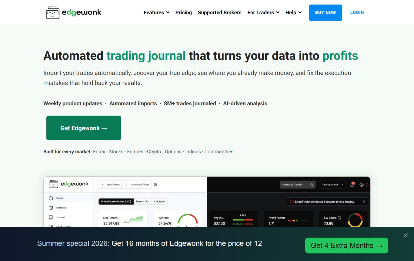 Edgewonk homepage describing an automated trading journal that turns data into profits