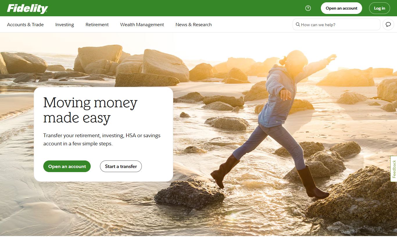 Fidelity homepage with account and investing navigation