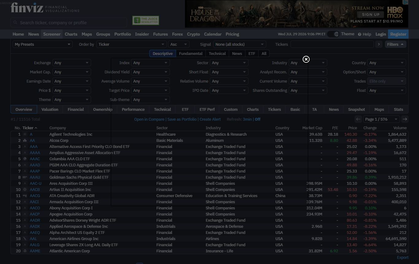 Finviz stock screener showing descriptive filters and a results table of US equities