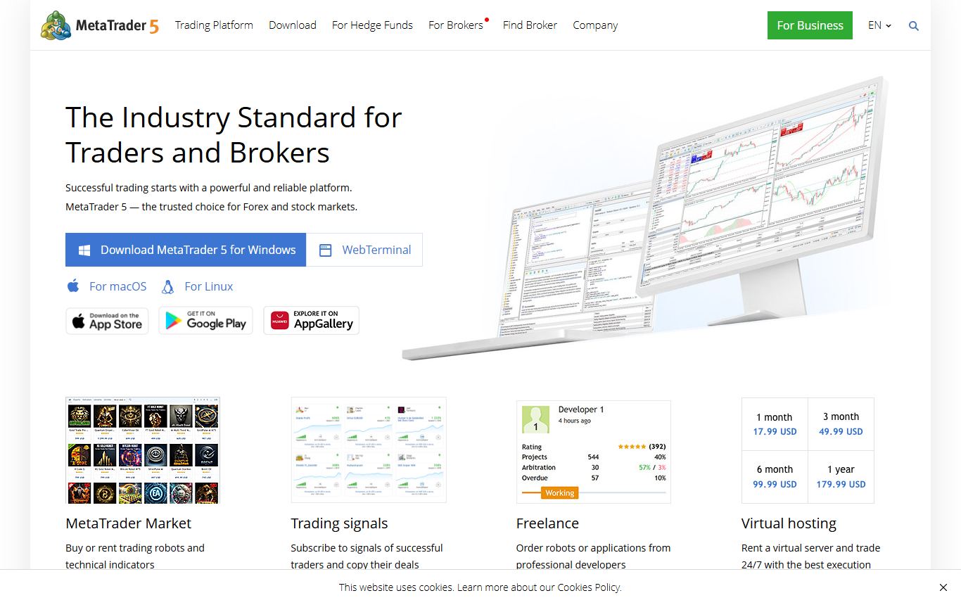 MetaTrader 5 homepage calling itself the industry standard for traders and brokers