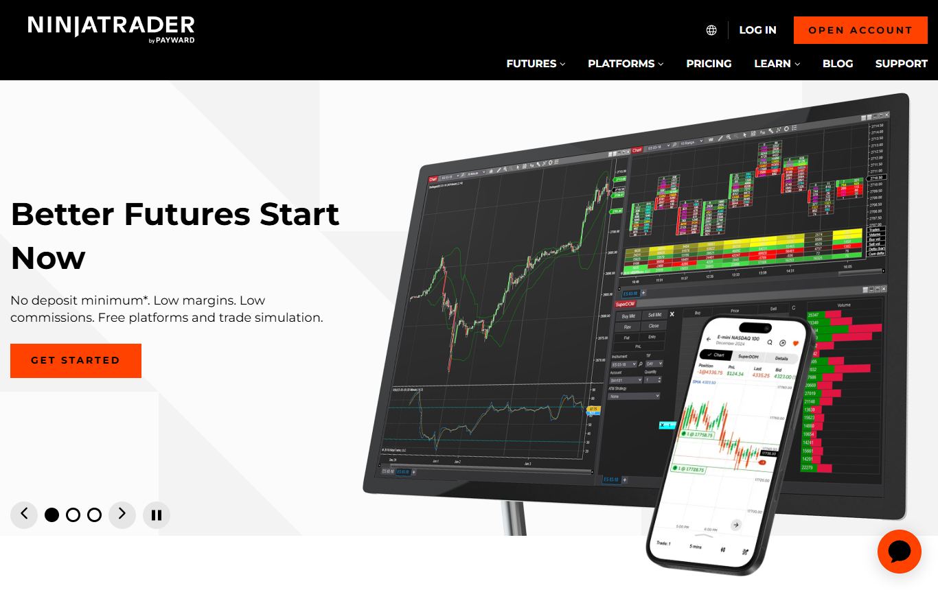 NinjaTrader homepage showing futures charting with order flow tools on desktop and mobile