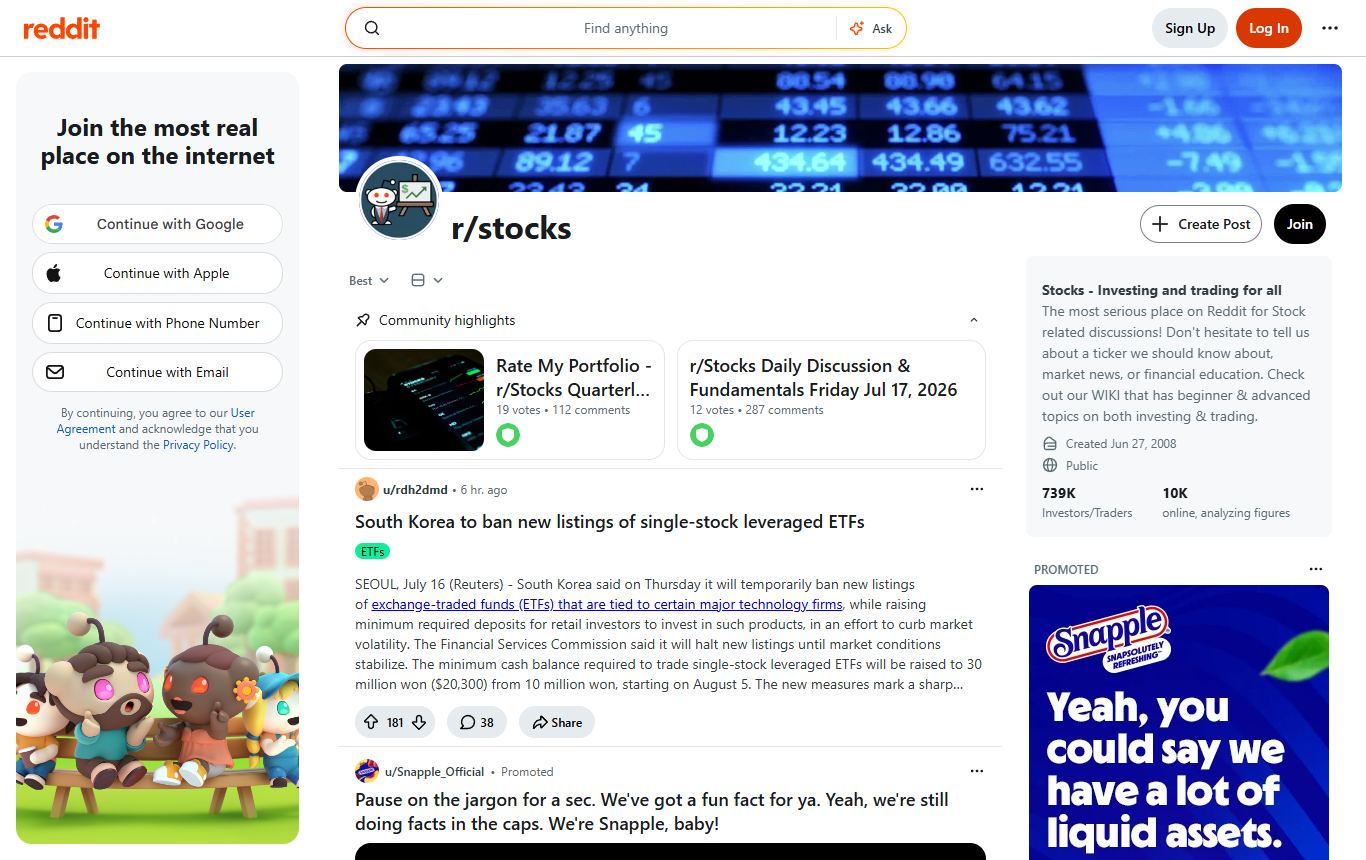 The r/stocks subreddit with daily discussion threads and stock market news