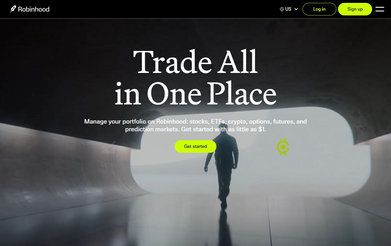 Robinhood homepage with Trade All in One Place headline