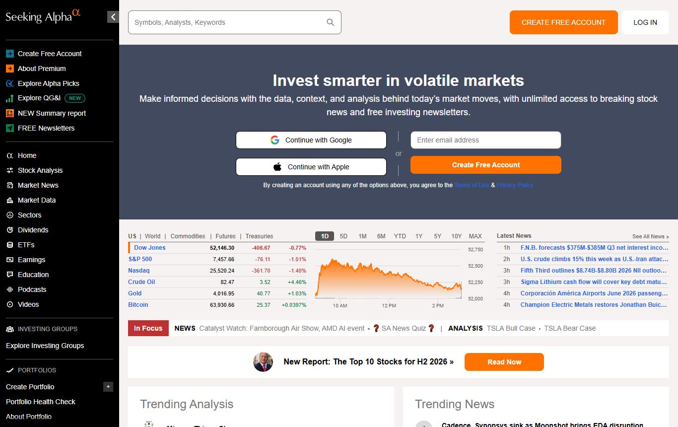 Seeking Alpha homepage with market data, trending analysis and stock news