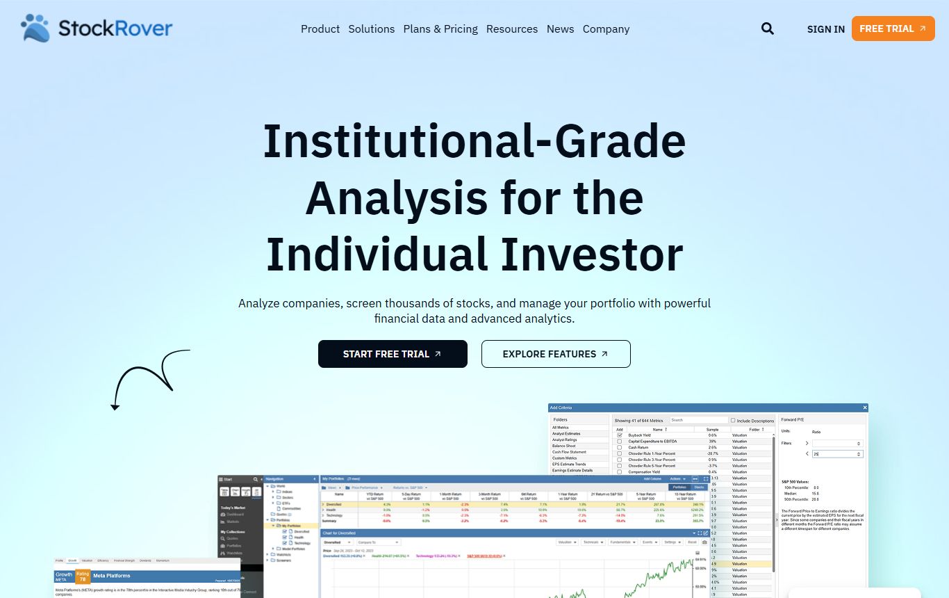 Stock Rover homepage advertising institutional-grade analysis and screening for individual investors