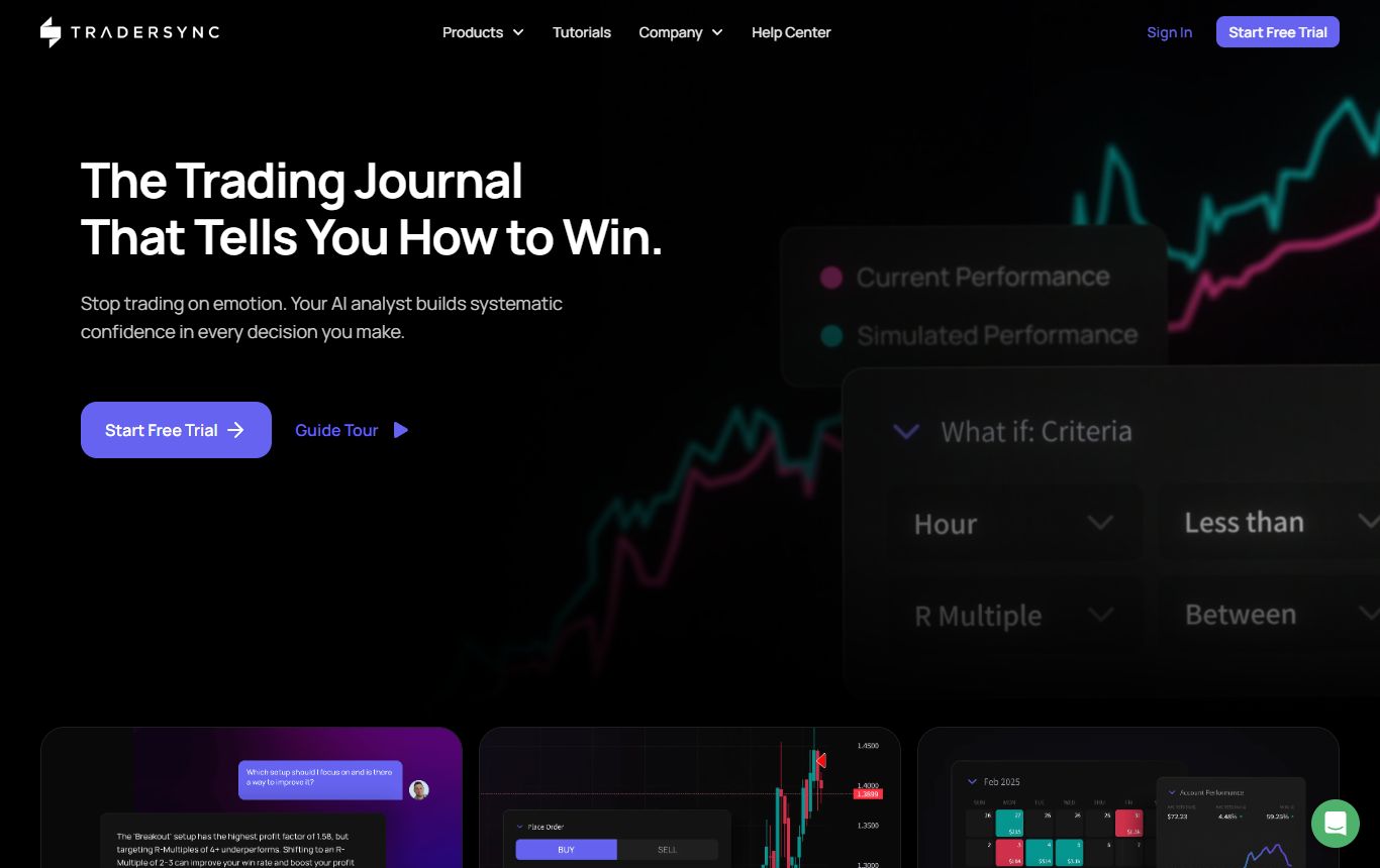 TraderSync homepage describing a trading journal with AI-driven performance analysis