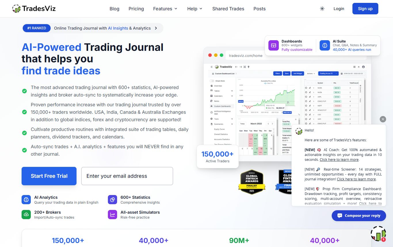 TradesViz homepage showing an AI-powered trading journal with dashboards and analytics