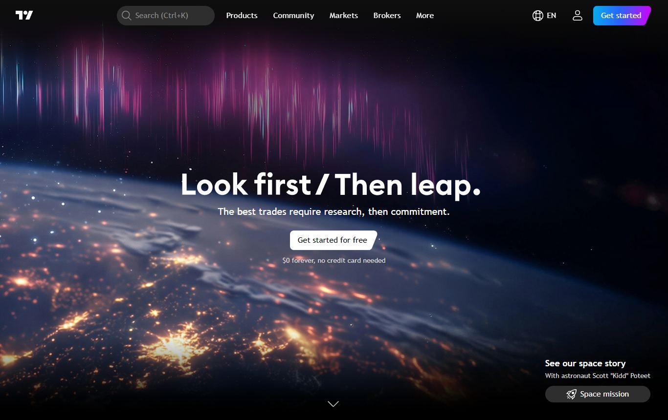 TradingView homepage with its Look first / Then leap tagline
