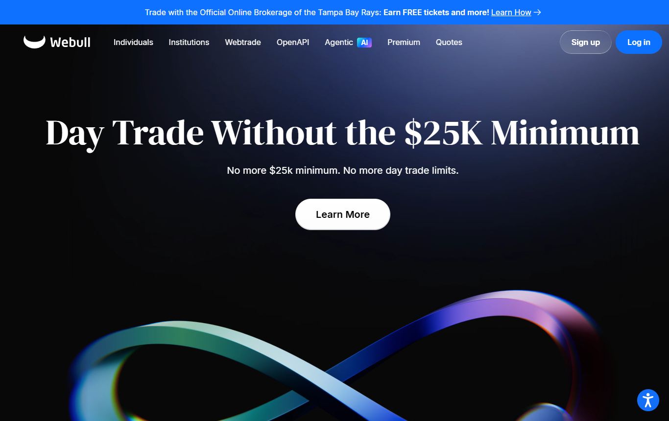Webull homepage advertising day trading without the $25K minimum